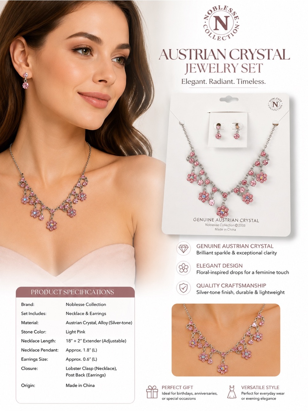 Light Pink Austrian Crystal Necklace & Earring Set